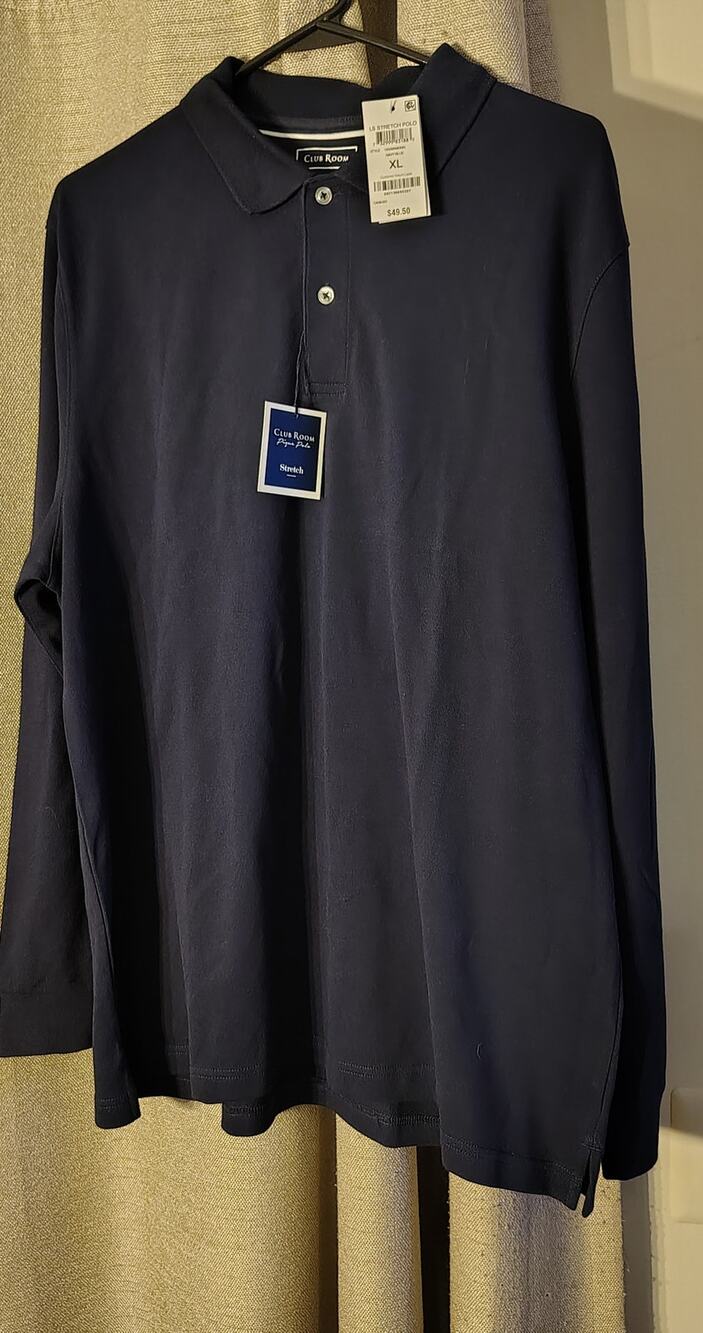 NWT Club Room Men’s XL Navy Blue Long Sleeve Stretch Pique Polo Shirt